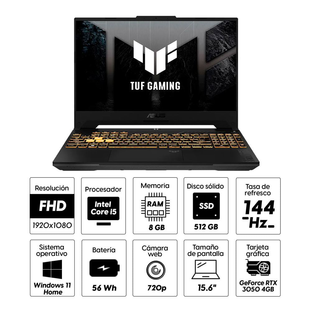 Imagen 2 del producto Laptop gamer Asus TUF Gaming F15 15.6"" Intel Core i5-12500H, 512GB SSD, 8GB DDR4, GeForce RTX 3050, Win11 Home, gris