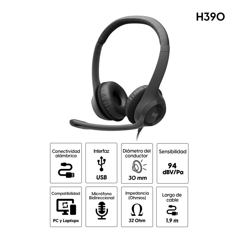 Imagen 2 del producto Reacondicionado: Audífonos alámbrico Logitech H390 con micrófono, conexión usb, control de volumen, cable 1.9m, negro