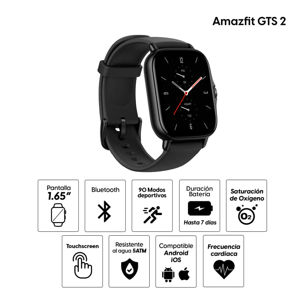 Imagen 2 del producto Reacondicionado: Smartwatch Amazfit GTS 2 resistente al agua 5ATM, batería hasta 7 días, 90 modos deportivos, 1.65"", recibe y contesta llamadas, negro