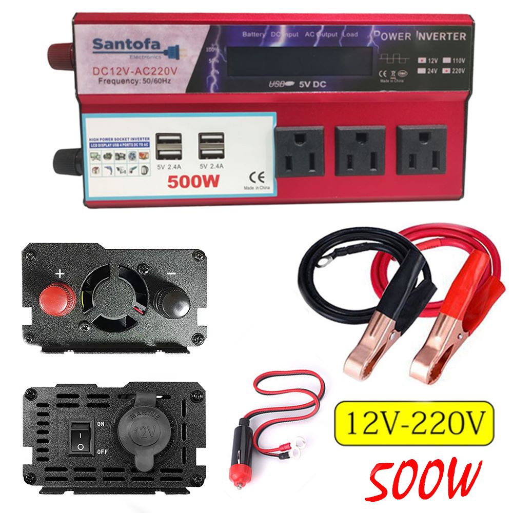Imagen 2 del producto Inversor de corriente Santofa, 12v a 220v, 500w, pantalla LCD, 4 USB, 3 sockets