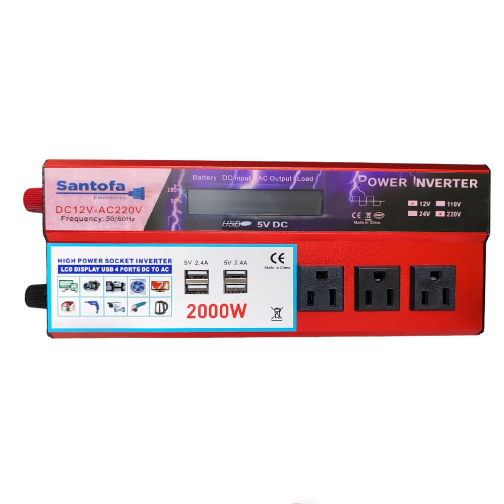 Inversor de corriente, 12v a 220v, 2000 watts, pantalla LCD, 4 USB, 3 sockets
