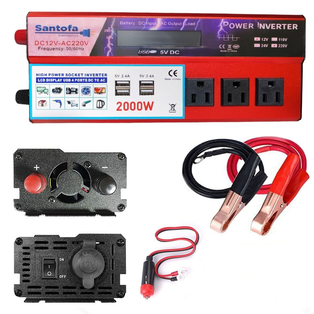 Imagen 2 del producto Inversor de corriente, 12v a 220v, 2000 watts, pantalla LCD, 4 USB, 3 sockets