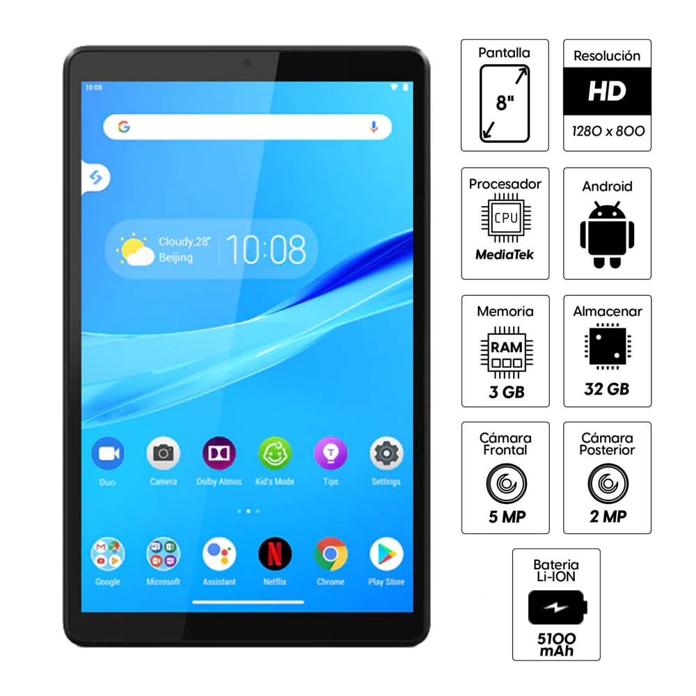 Imagen 2 del producto Reacondicionado: Tablet Lenovo M8 (2da gen) 8"", 32GB, 3GB RAM, cámara principal 5MP y frontal 2MP, negro