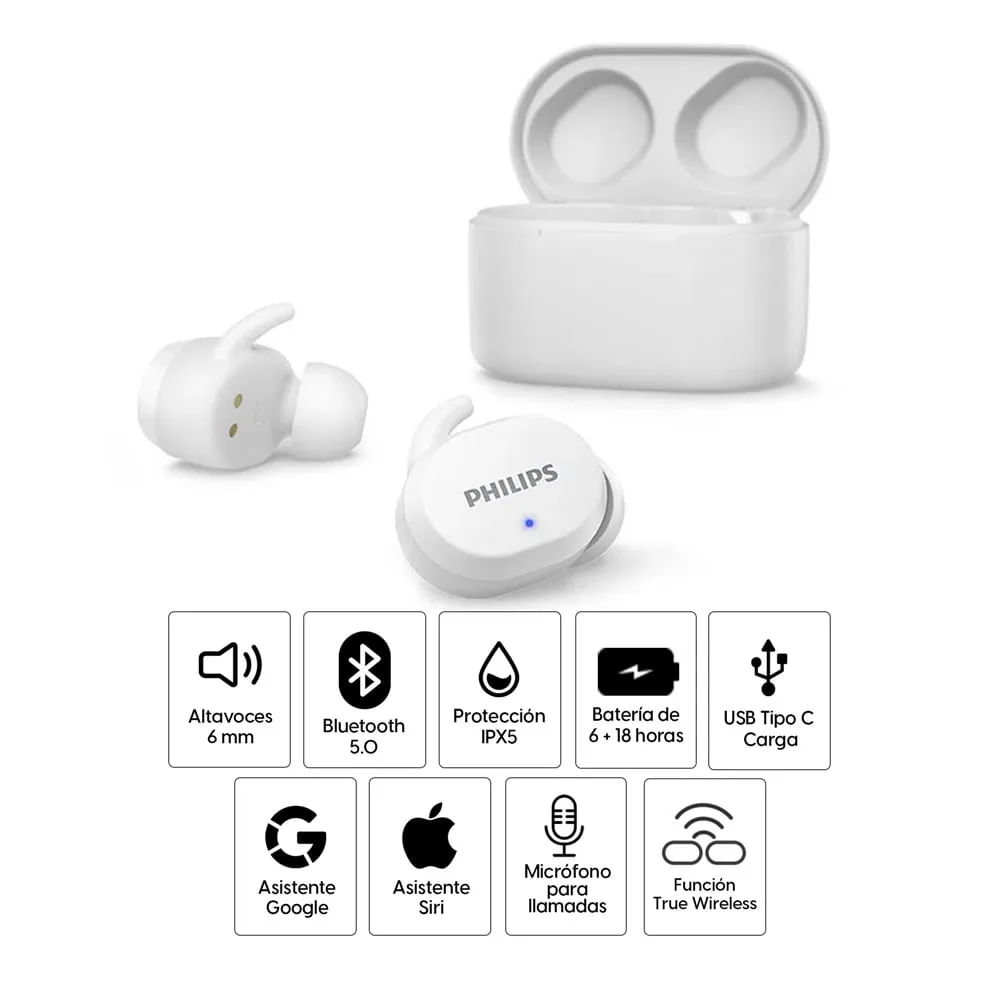 Imagen 2 del producto Reacondicionado: Audífonos bluetooth True Wireless Philips TAT3216 resistente al agua IPX5, duración máx. 6 horas, controles táctil, blanco