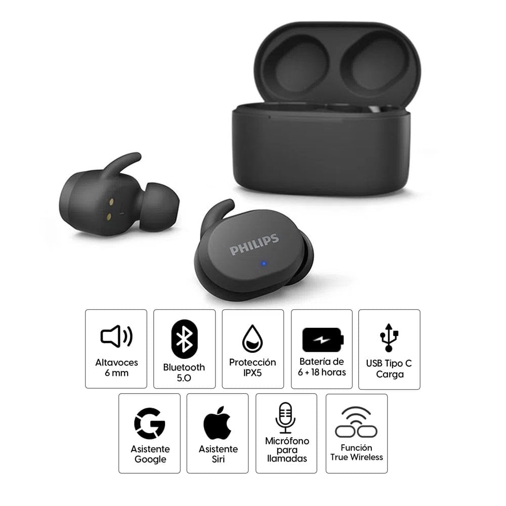 Imagen 2 del producto Reacondicionado: Audífonos bluetooth True Wireless Philips TAT3216 resistente al agua IPX5, duración máx. 6 horas, controles táctil, negro