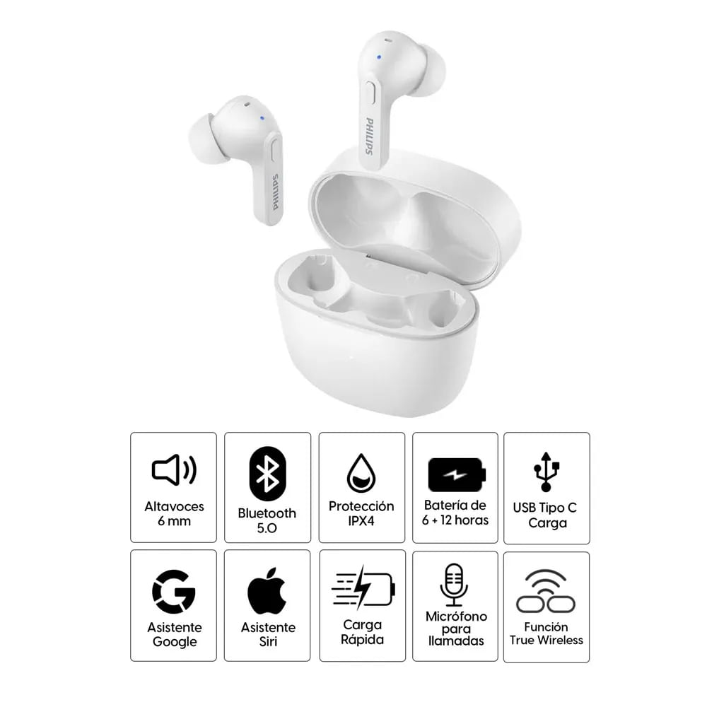 Imagen 2 del producto Reacondicionado: Audífonos bluetooth True Wireless Philips TAT2206WT resistente al agua IPX4, duración máx. 6 horas, blanco
