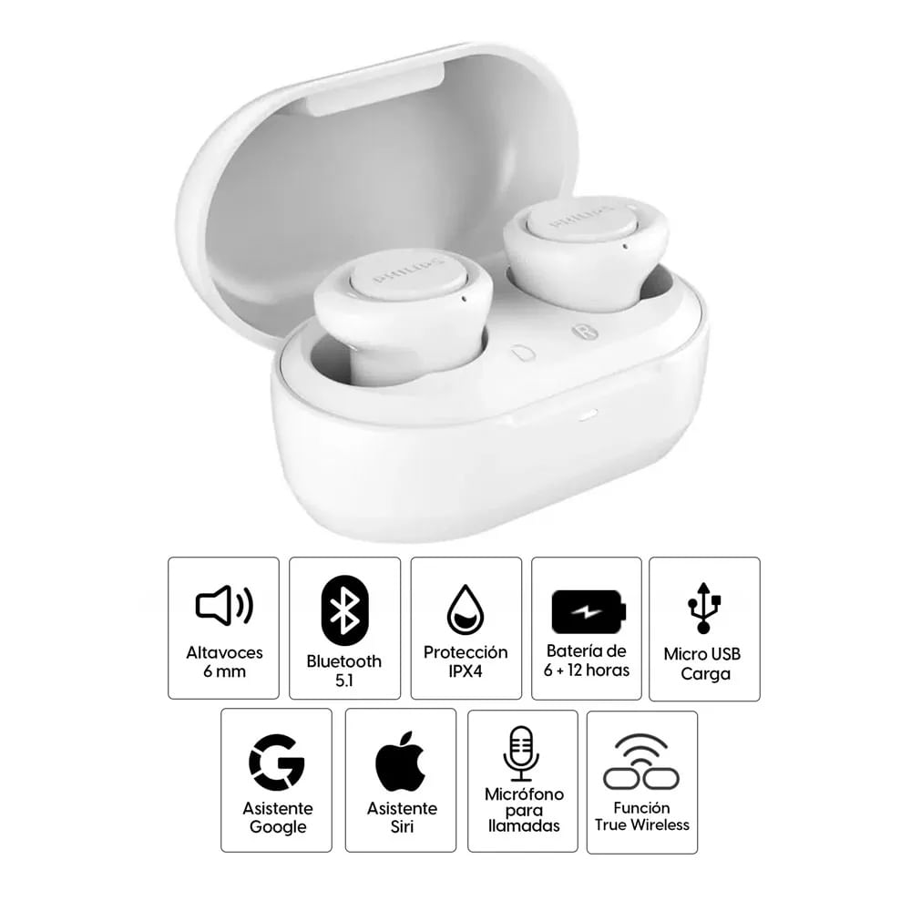 Imagen 2 del producto Reacondicionado: Audífonos bluetooth True Wireless Philips TAT1215WT resistente al agua IPX4, duración máx. 6 horas, blanco