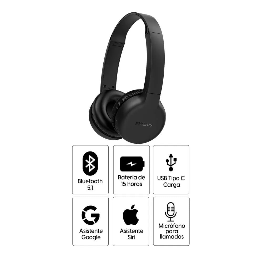 Imagen 2 del producto Reacondicionado: Audífonos bluetooth on ear Philips TAH1205 micrófono incorporado, máx. 15 horas, control de música y llamadas, negro