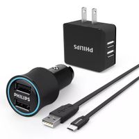 Reacondicionado: Pack Philips: Cargador de auto + cargador de pared + cable micro usb, negro
