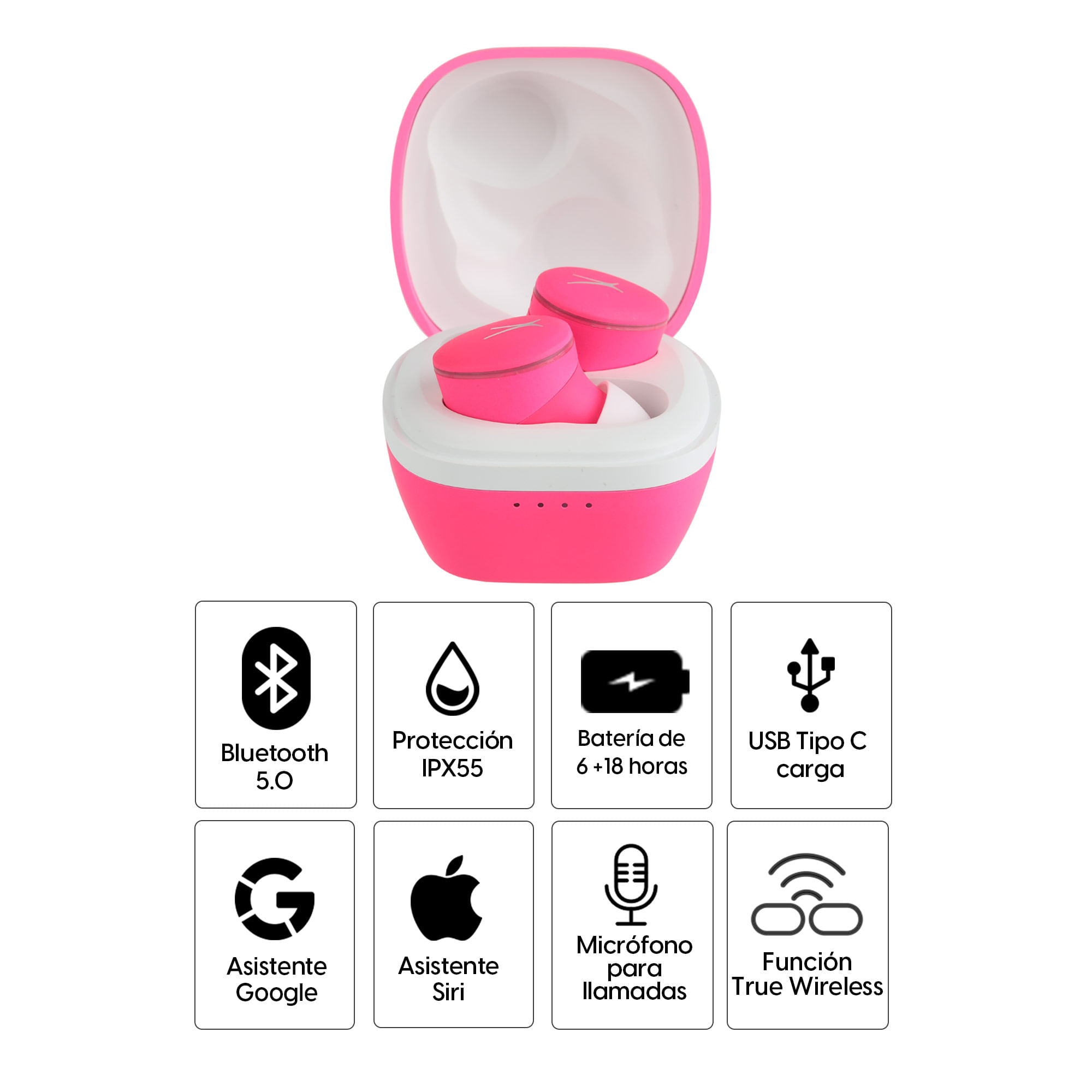 Imagen 2 del producto Audífonos bluetooth True Wireless Altec Lansing Nano Buds 3.0 resistente al agua IPX55, duración máx. 24 horas con estuche de carga, rosado