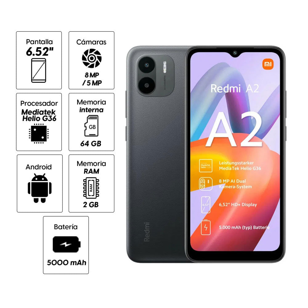 Imagen 2 del producto Reacondicionado: Celular Xiaomi Redmi A2 64GB, 2GB RAM, cámara trasera 8MP y frontal 5MP, 6.52"", negro