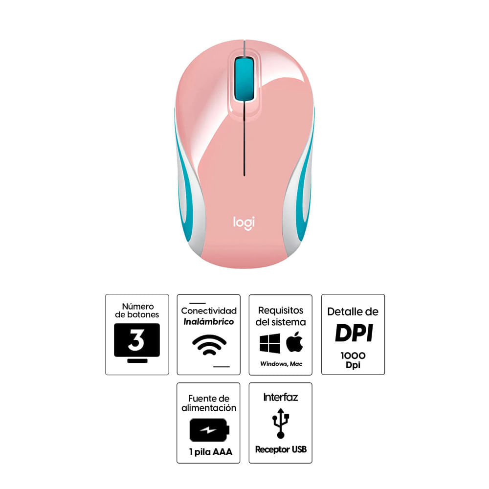 Imagen 2 del producto Reacondicionado: Mouse mini inalámbrico Logitech M187 receptor usb, 1000 dpi, 3 botones, usa pila, rosado
