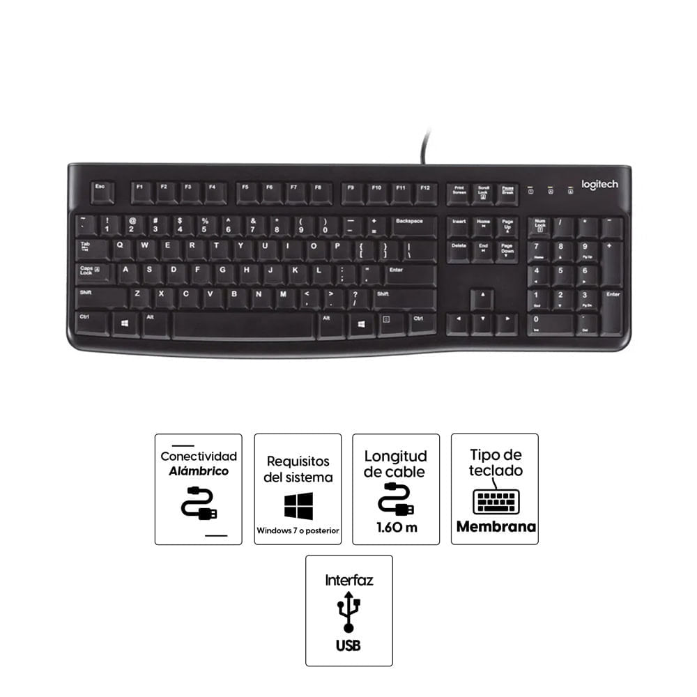 Imagen 2 del producto Reacondicionado: Teclado alámbrico Logitech K120, conexión usb, teclado numérico, negro