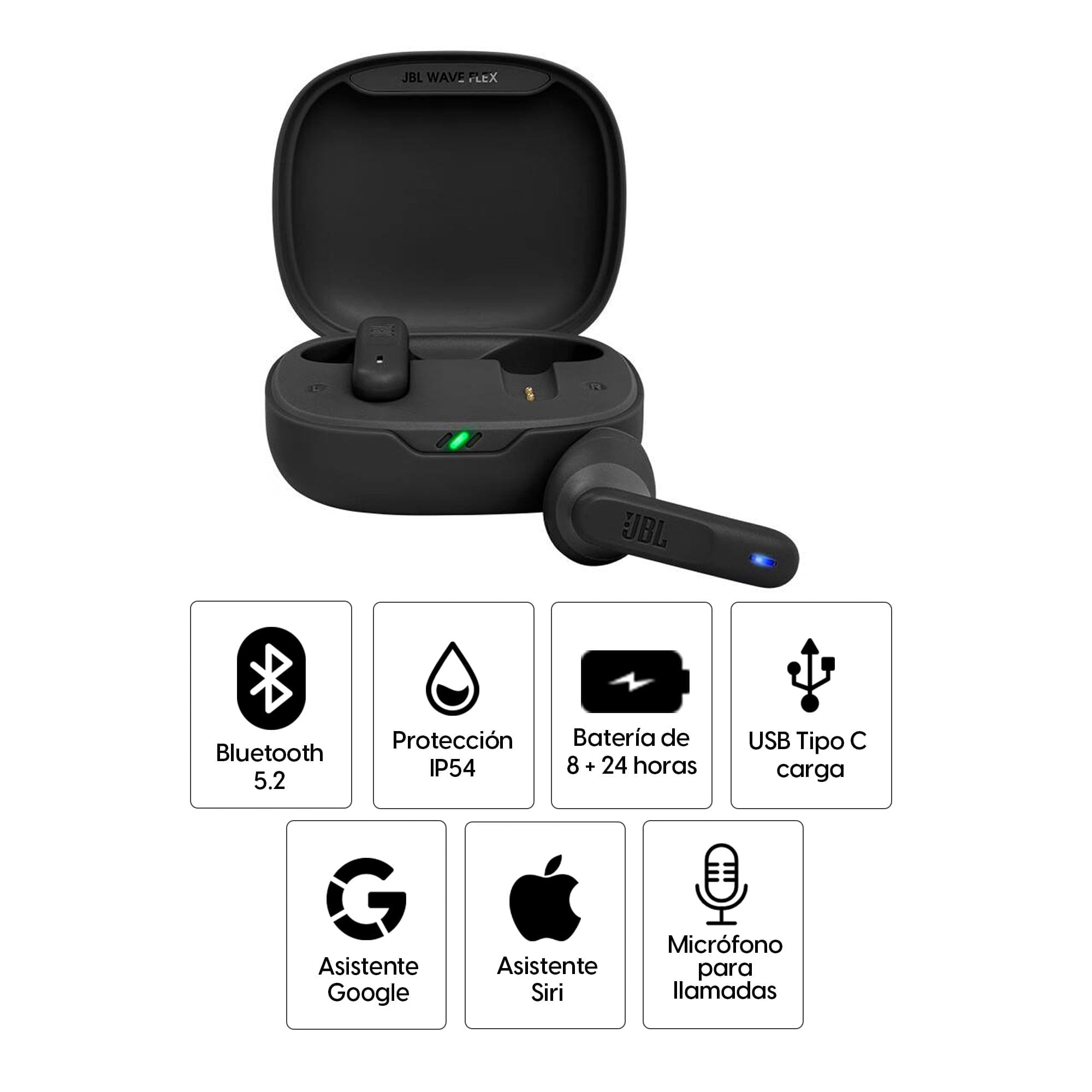 Imagen 2 del producto Reacondicionado: Audífonos bluetooth True Wireless JBL Wave Flex resistente al agua IP54, duración máx. 8 horas, control de música y llamadas, negro
