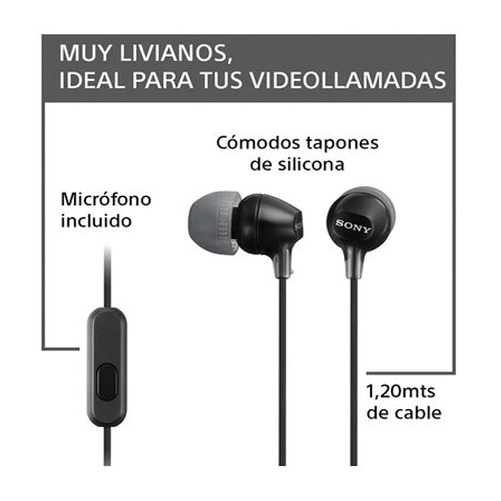 Imagen 2 del producto Reacondicionado: Audífonos in ear con micrófono Sony MDR-EX15AP almohadillas de silicona, conector 3.5 mm, control de música y llamadas, negro