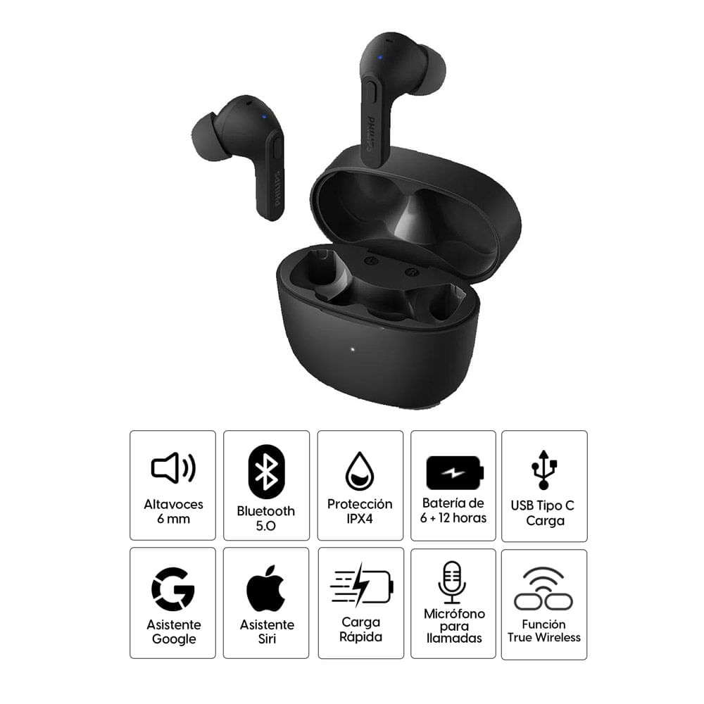 Imagen 2 del producto Reacondicionado: Audífonos bluetooth True Wireless Philips TAT2206BK resistente al agua IPX4, duración máx. 6 horas, negro