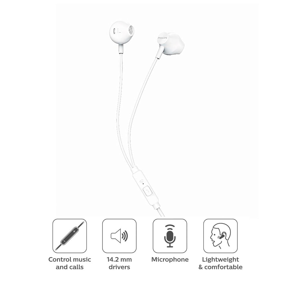 Imagen 2 del producto Reacondicionado: Audífonos in ear con micrófono  Philips TAUE101 conector 3.5 mm, control de música y llamadas, blanco