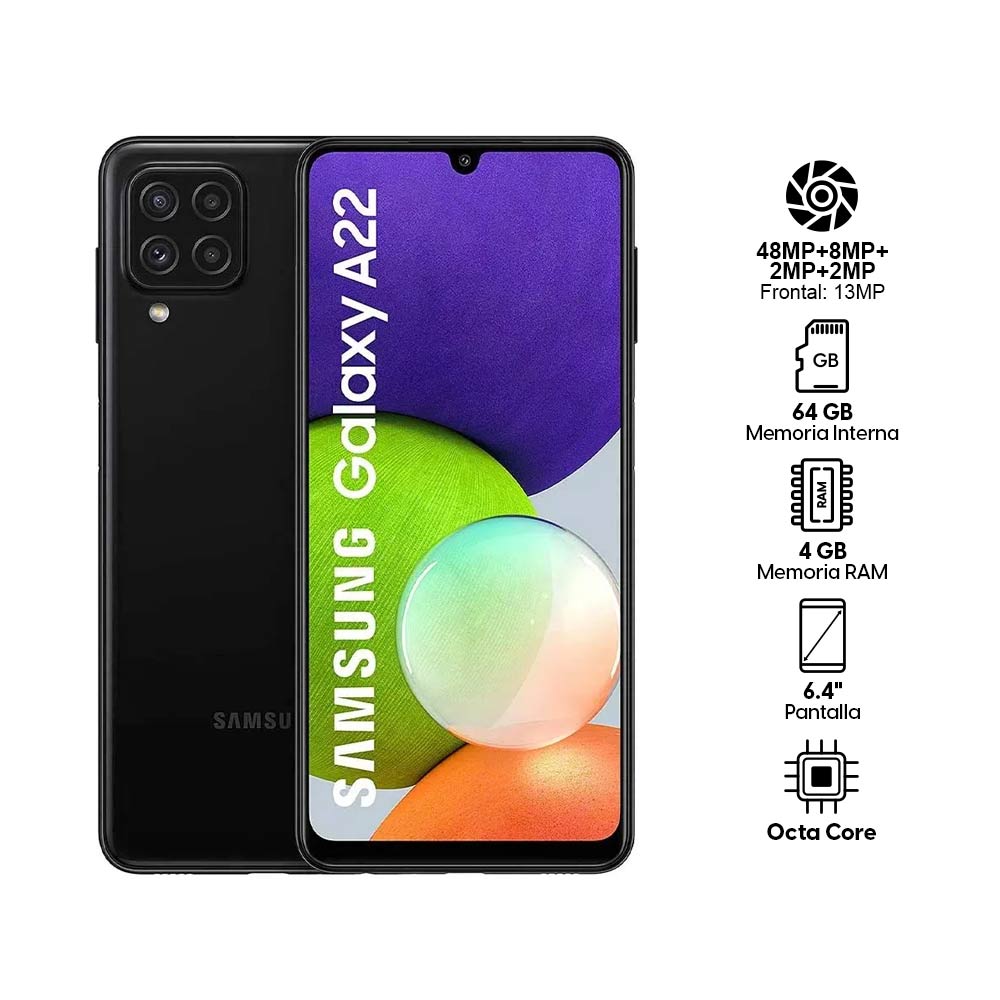 Imagen 2 del producto Celular Samsung Galaxy A22, 64GB, 4GB RAM, cámara trasera 48MP y frontal 13MP, 6.4"", Octa-core, negro (reempacado)