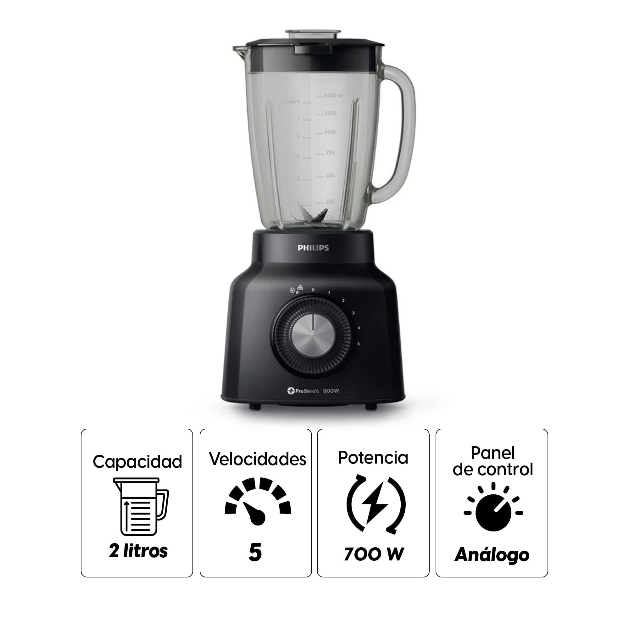 Imagen 2 del producto Licuadora Philips HR2138/90 700w, 5 velocidades, con vaso de vidrio 2 litros, negro (reempacado)