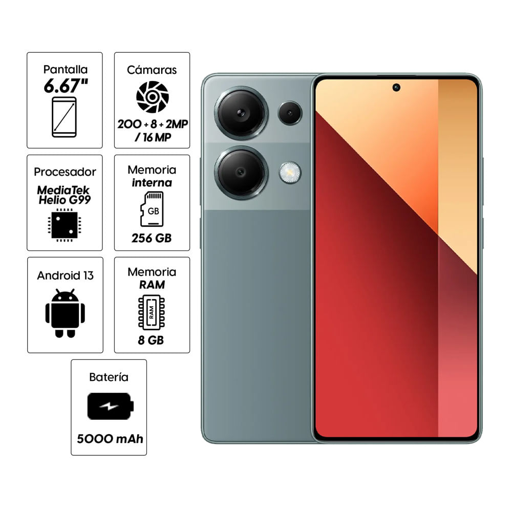 Imagen 2 del producto Celular Xiaomi Redmi Note 13 Pro 4G 256GB, 8GB RAM, cámara trasera 200MP y frontal 16MP, 6.67"", verde