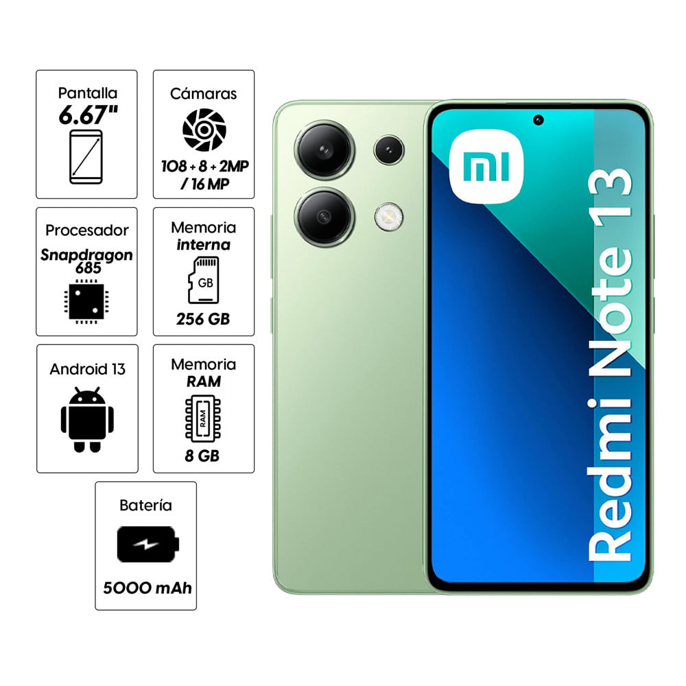 Imagen 2 del producto Celular Xiaomi Redmi Note 13 4G 256GB, 8GB RAM, cámara trasera 108MP y frontal 16MP,6.67'', verde