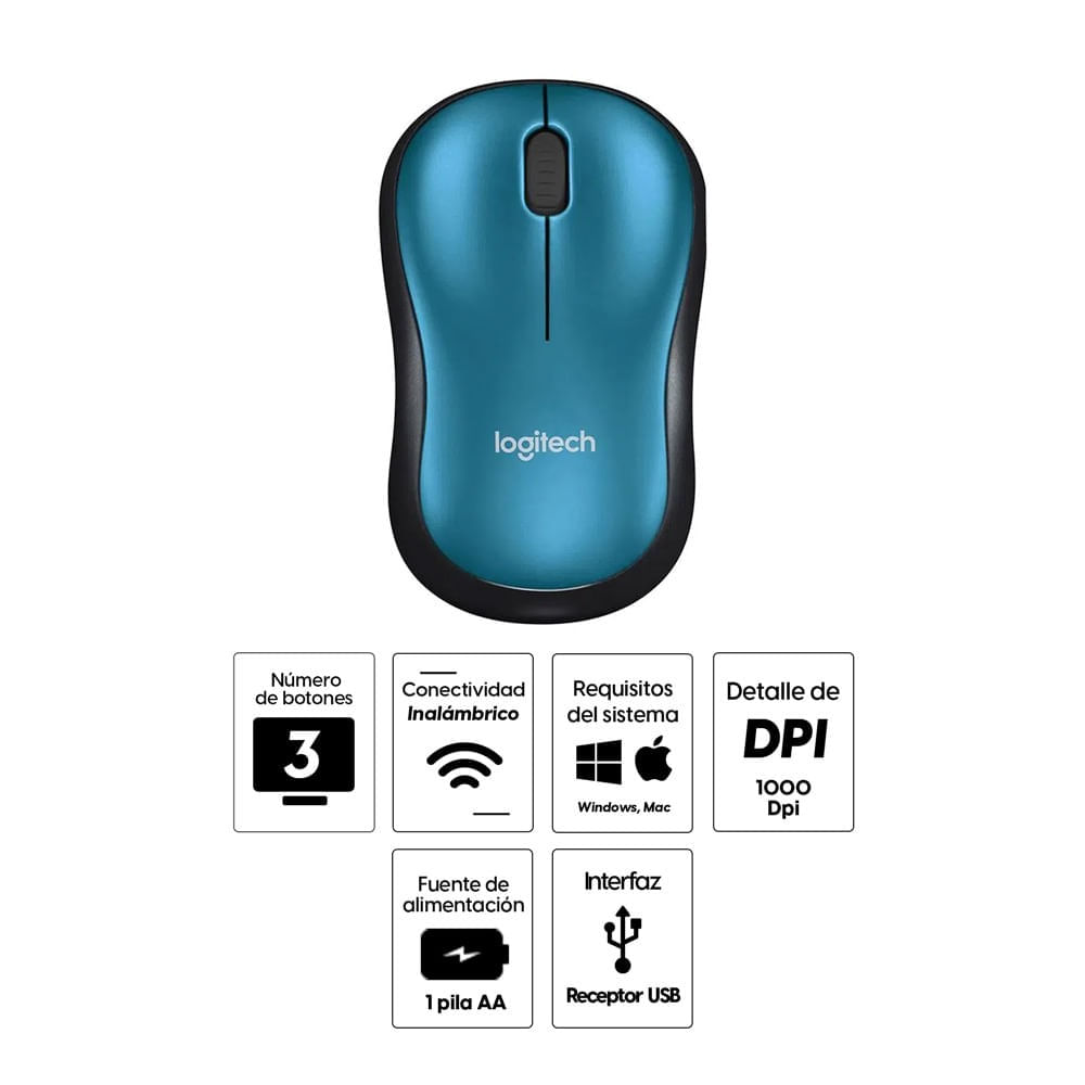 Imagen 2 del producto Reacondicionado: Mouse inalámbrico Logitech M185 receptor usb, 1000 dpi, 3 botones, usa pila, azul