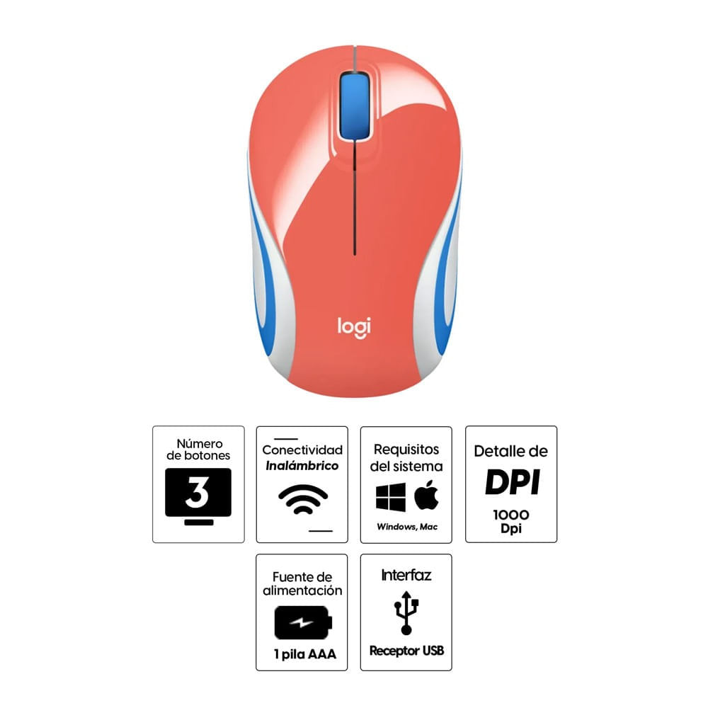 Imagen 2 del producto Reacondicionado: Mouse mini inalámbrico Logitech M187 receptor usb, 1000 dpi, 3 botones, usa pila, coral