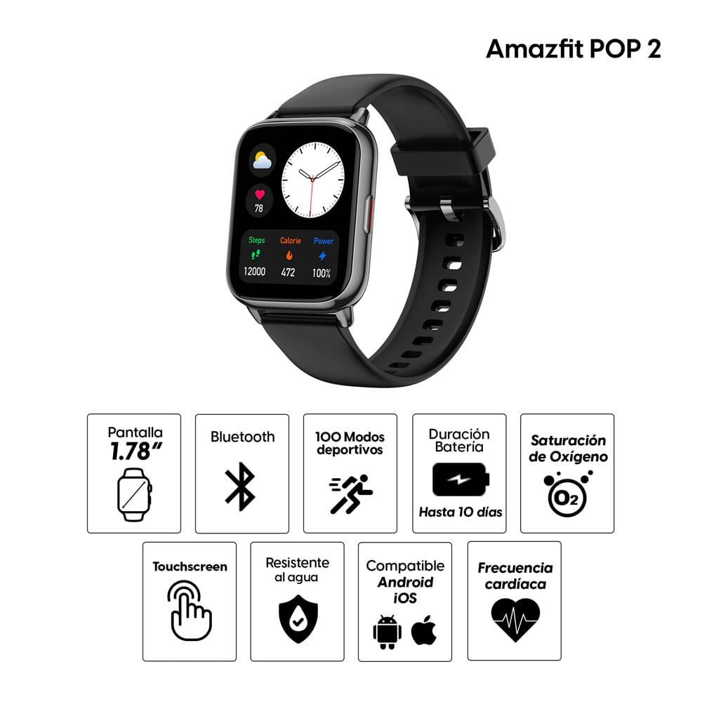 Imagen 2 del producto Reacondicionado: Smartwatch Amazfit  Watch POP 2, resistente al agua, Spo2, máx. 10 días, 100 modos deportivos, 1.78"", negro