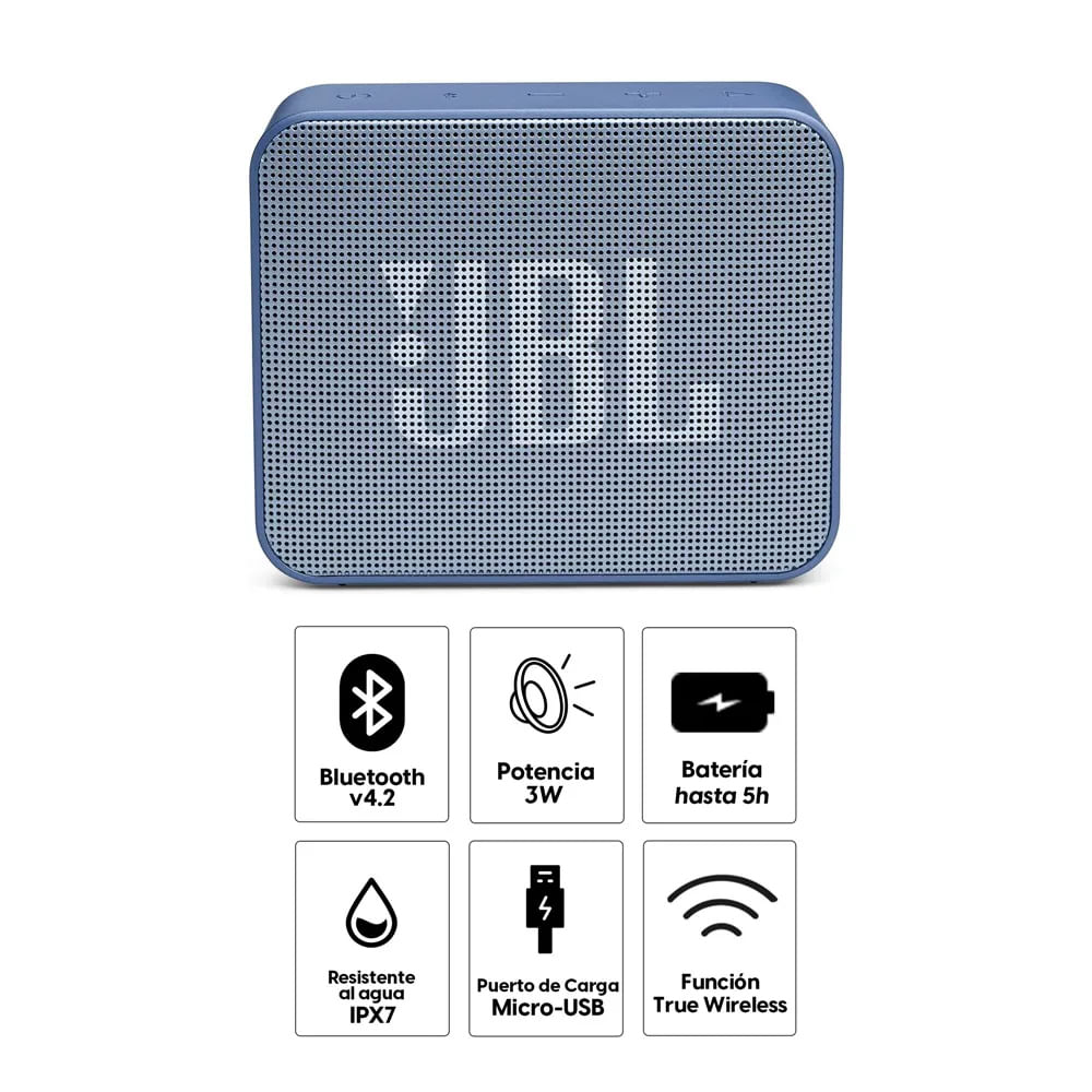 Imagen 2 del producto Reacondicionado: Parlante bluetooth JBL Go Essential potencia 3.1W, resistente al agua IPX7, hasta 5 horas de reproducción, azul