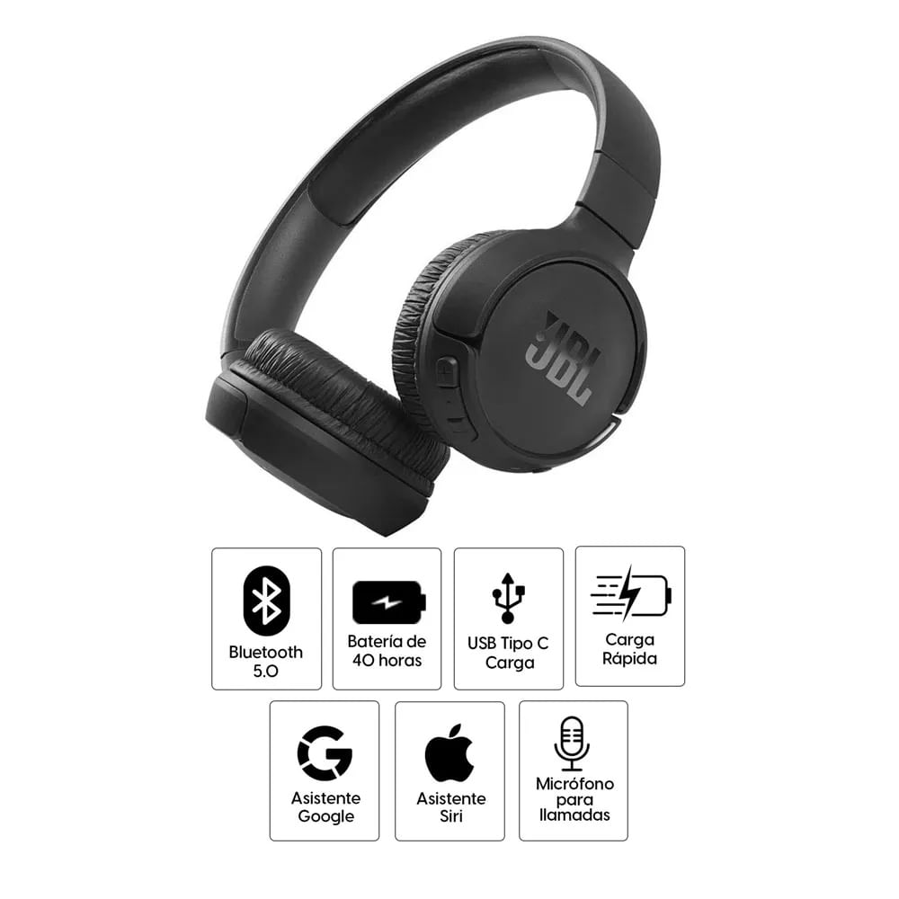 Imagen 2 del producto Reacondicionado: Audífonos bluetooth on ear JBL T510 Pure Bass máx. 40 horas, control de música y llamadas, negro