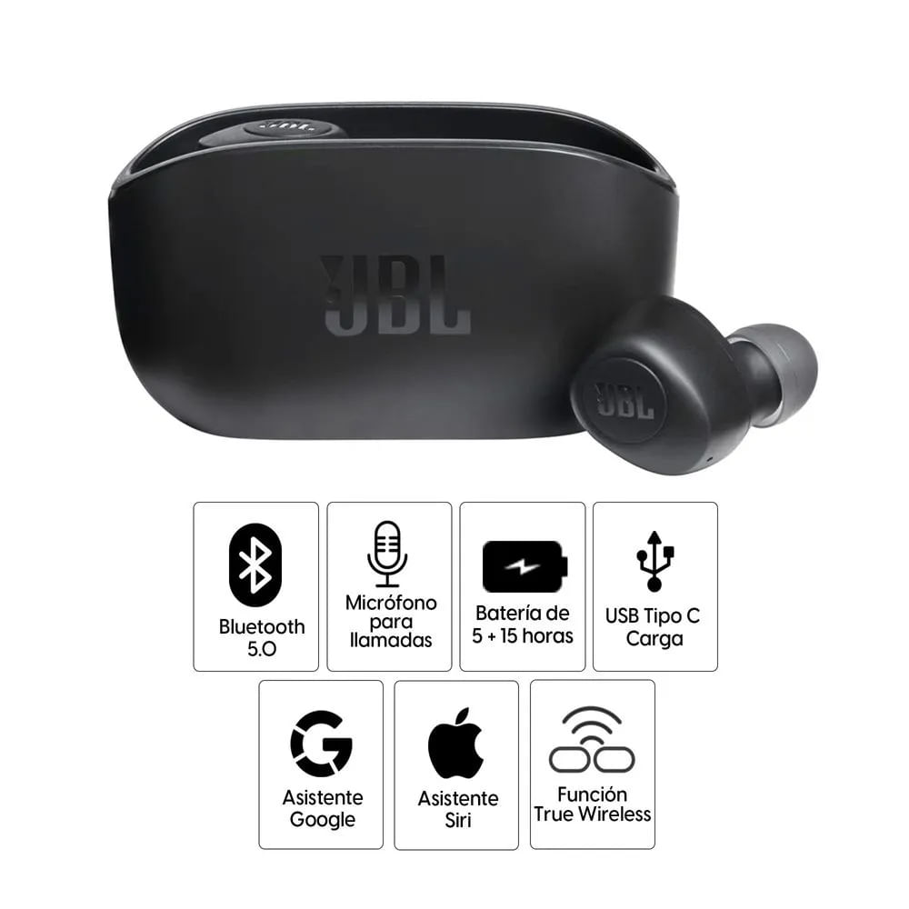 Imagen 2 del producto Reacondicionado: Audífonos bluetooth True Wireless JBL Vibe 100 Deep Bass duración máx. 5 horas, control de música y llamadas, negro