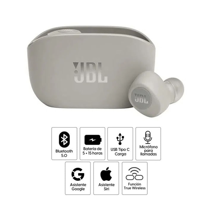 Imagen 2 del producto Reacondicionado: Audífonos bluetooth True Wireless JBL Wave 100 Deep Bass duración máx. 5 horas, control de música y llamadas, ivory