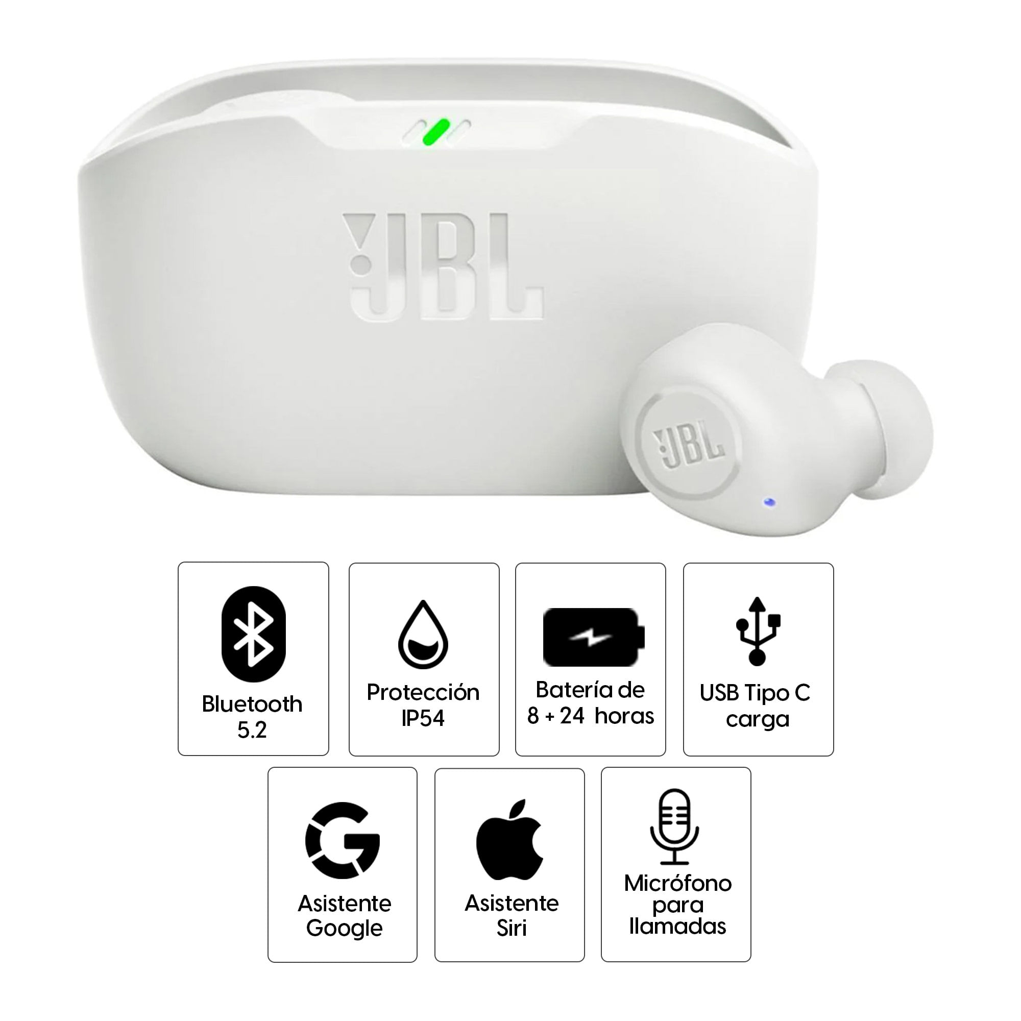Imagen 2 del producto Reacondicionado: Audífonos bluetooth True Wireless JBL Wave Buds resistente al agua IP54, duración máx. 8 horas, control de música y llamadas, blanco