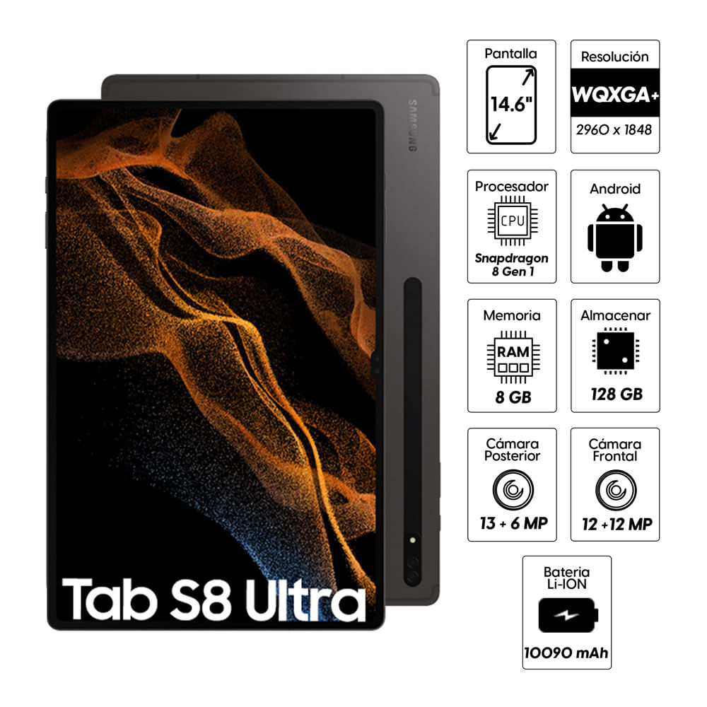 Imagen 2 del producto Tablet Samsung Tab S8 Ultra 14.6"", 128GB, 8GB RAM, cámara principal 13MP + 6MP y frontal 12MP + 12MP, Snapdragon, 11200 mAh, grafito (reempacado)