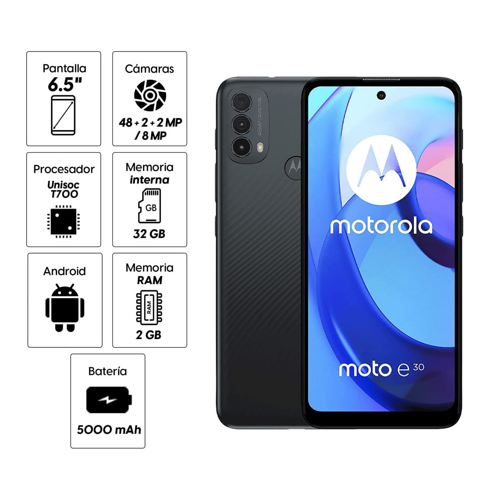 Imagen 2 del producto Celular Motorola E30 32GB, 2GB RAM, cámara trasera 48MP y frontal 8MP, 6.5"", gris (reempacado)