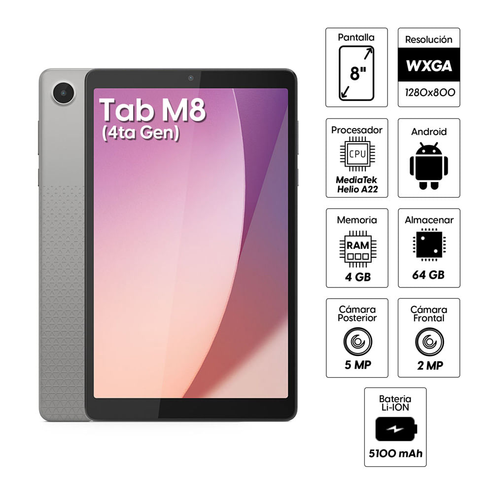 Imagen 2 del producto Tablet Lenovo Tab M8 (4ta Gen) TB300XU 8"" 64GB, 4GB RAM, cámara principal 5MP y frontal 2MP, 4G LTE (reempacado)