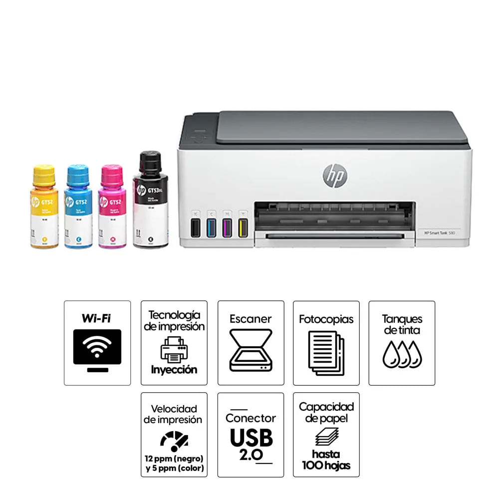 Imagen 2 del producto Impresora multifuncional HP Smart Tank 580,  inyección de tinta, inalámbrica, Wi-Fi, con tanques de tinta (reempacado)