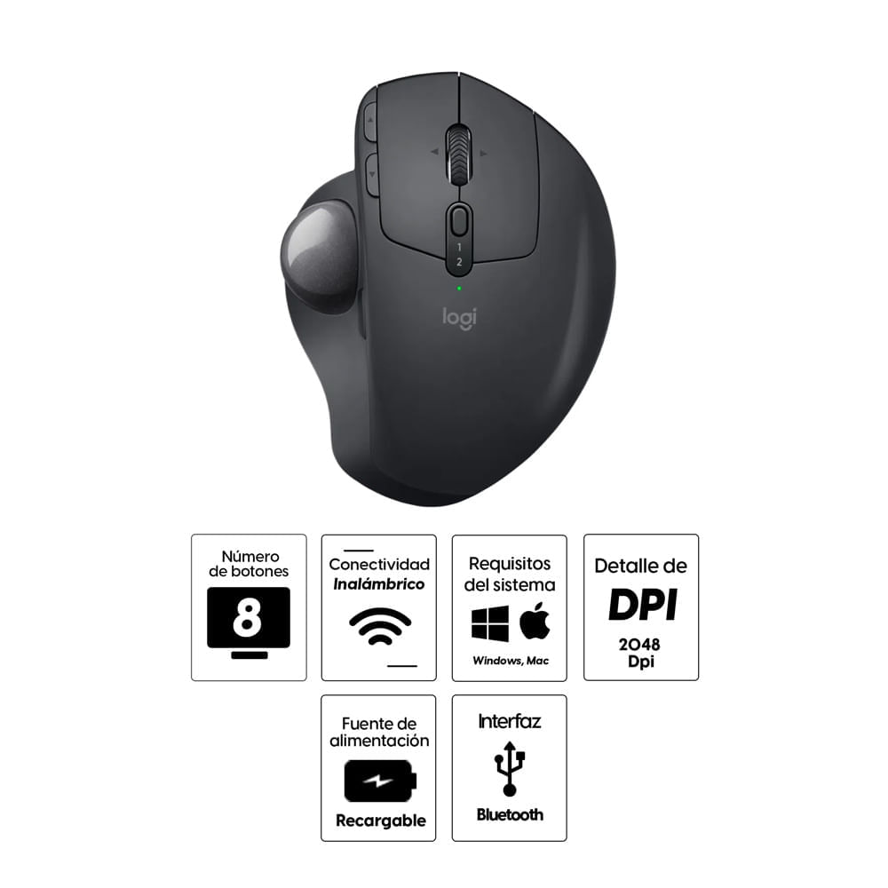 Imagen 2 del producto Mouse inalámbrico Logitech MX Ergo Trackball bluetooth, 512/2048 dpi, 8 botones, recargable, negro (reempacado)