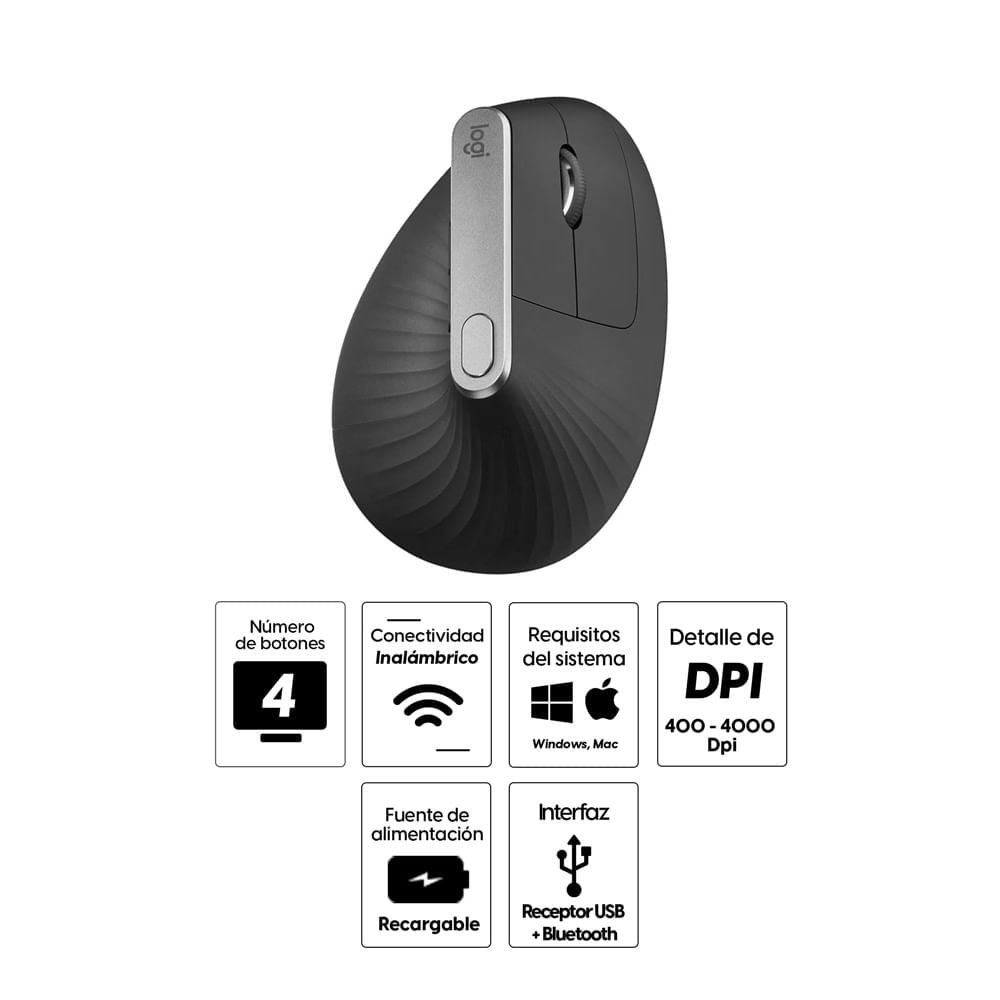 Imagen 2 del producto Mouse ergonómico inalámbrico vertical Logitech MX bluetooth, 4000 dpi, 4 botones, recargable, negro (reempacado)