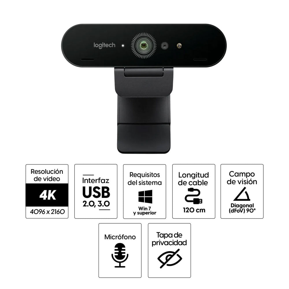 Imagen 2 del producto Cámara web Logitech empresarial Brio UHD 4K, conexión USB, micrófono integrado, tapa de privacidad, cable 2 m, negro (reempacado)