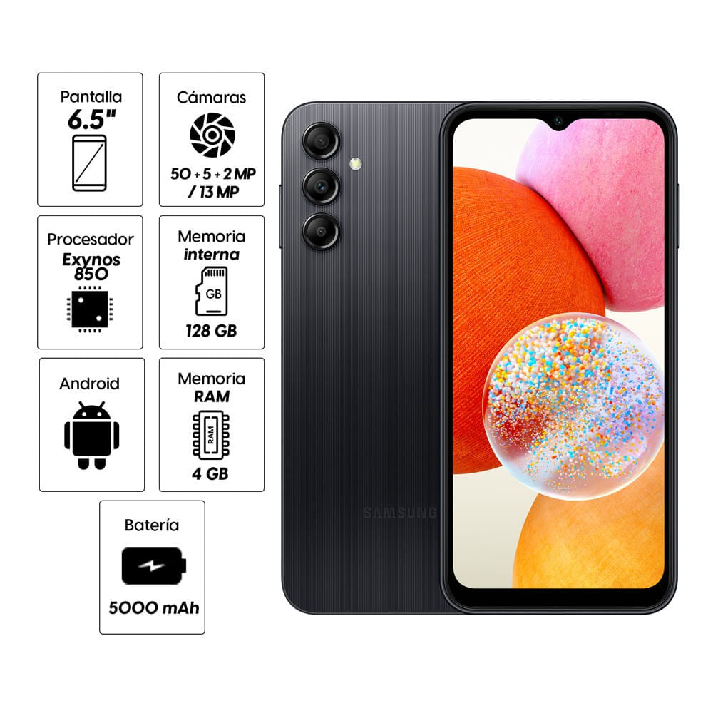 Imagen 2 del producto Celular Samsung A14 128GB, 4GB RAM, cámara trasera 50 MP y cámara frontal 13MP, 6.5"", negro (reempacado)