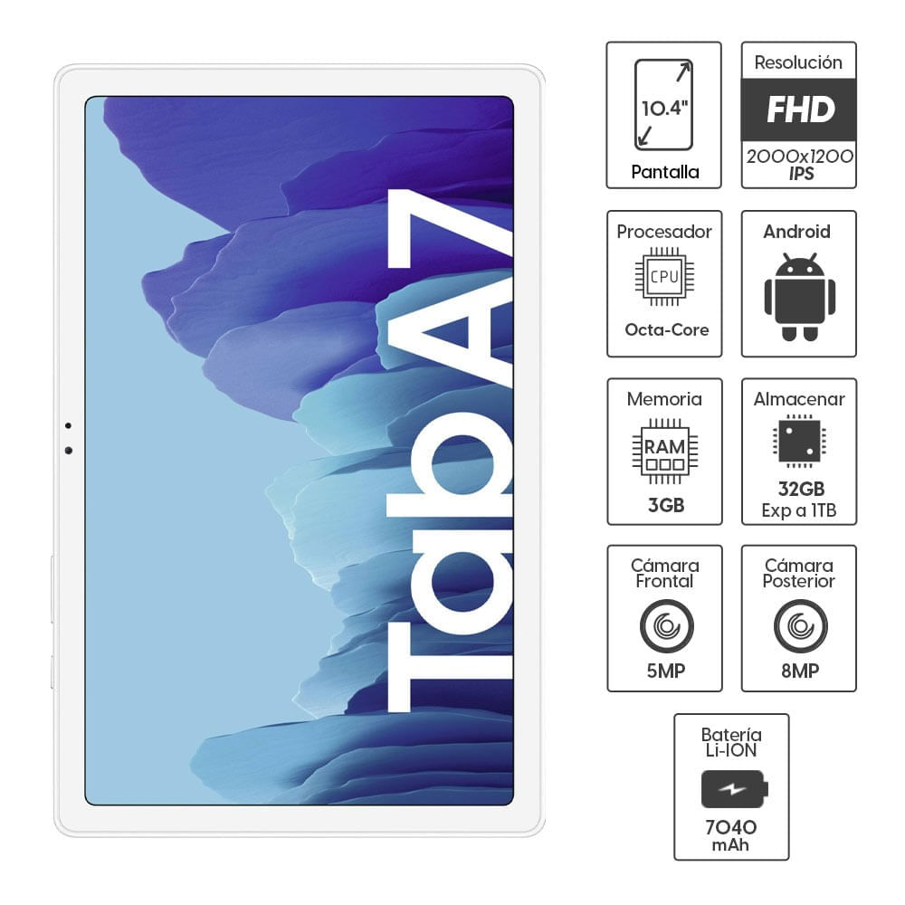 Imagen 2 del producto Reacondicionado: Tablet Samsung Tab A7 10.4"", 32GB, 3GB RAM, cámara principal 8MP y frontal 5MP, Octa-Core, 7040 mAh, plata