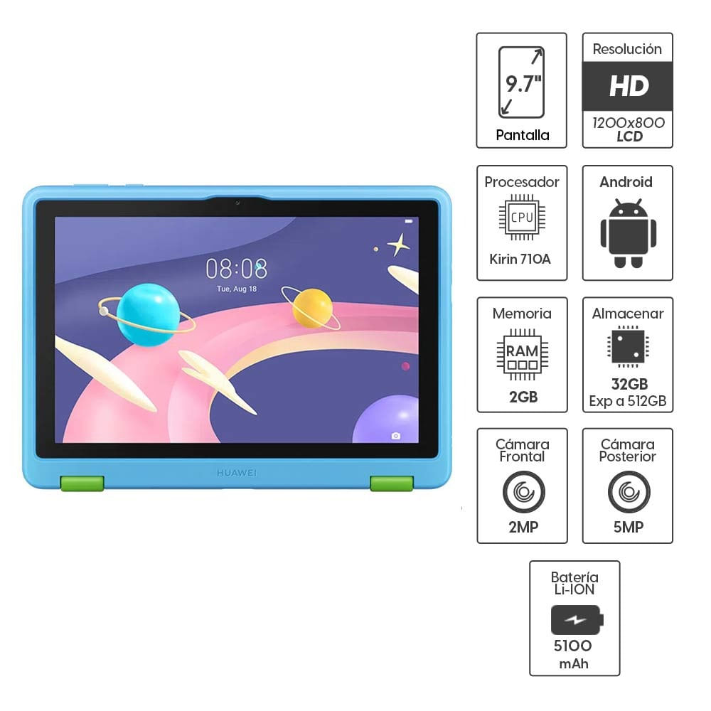 Imagen 2 del producto Reacondicionado: Tablet Huawei MatePad T10 Kids, 9.7"", 32GB, 2GB RAM, cámara principal 5MP, frontal 2MP,  Kirin 710A, 5100 mAh, EMUI 10.1, azul