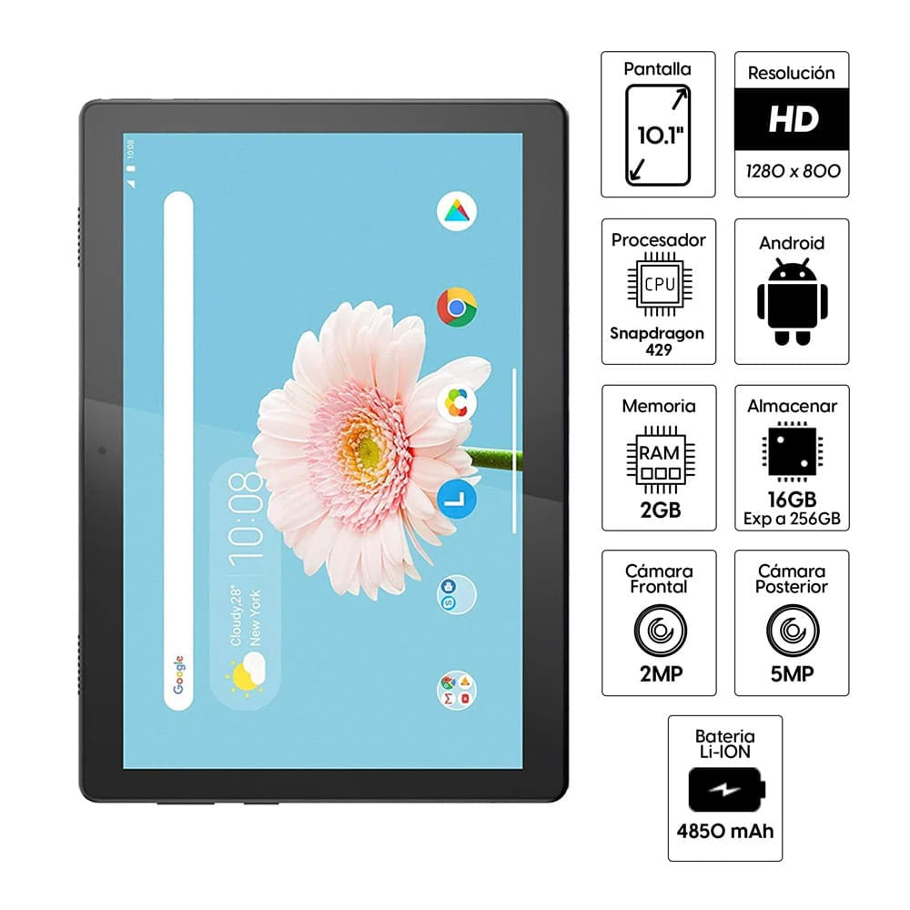 Imagen 2 del producto Reacondicionado: Tablet Lenovo Tab M10 10.1"", 16GB, 2GB RAM, cámara principal 5MP y frontal 2MP, Snapdragon, 4850 mAh, negro