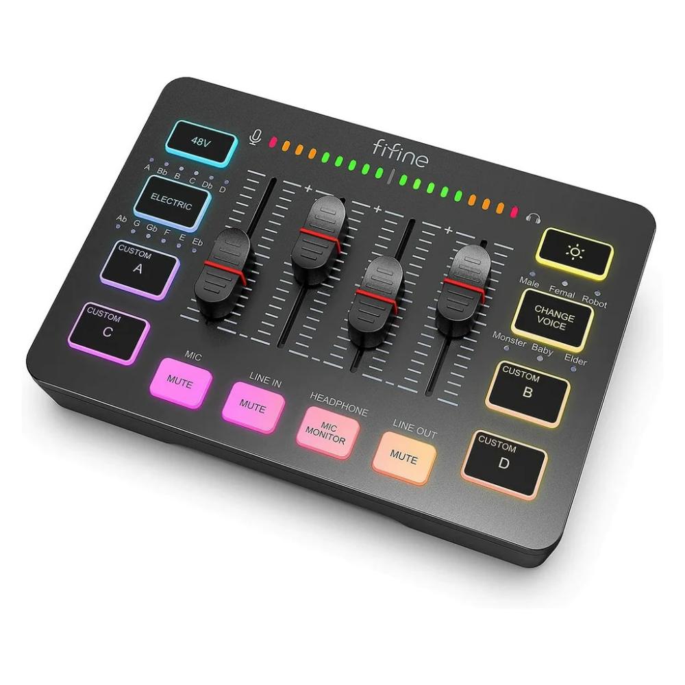 Mezcladora portátil Fifine Ampligame SC3 RGB, 3 canales, conexión USB, 24-bit/48kHz, entrada XLR, 7FX