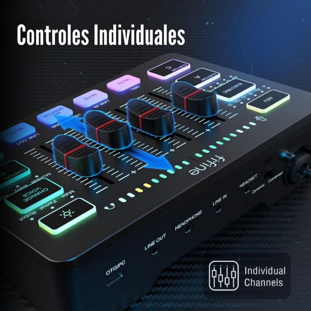 Imagen 2 del producto Mezcladora portátil Fifine Ampligame SC3 RGB, 3 canales, conexión USB, 24-bit/48kHz, entrada XLR, 7FX