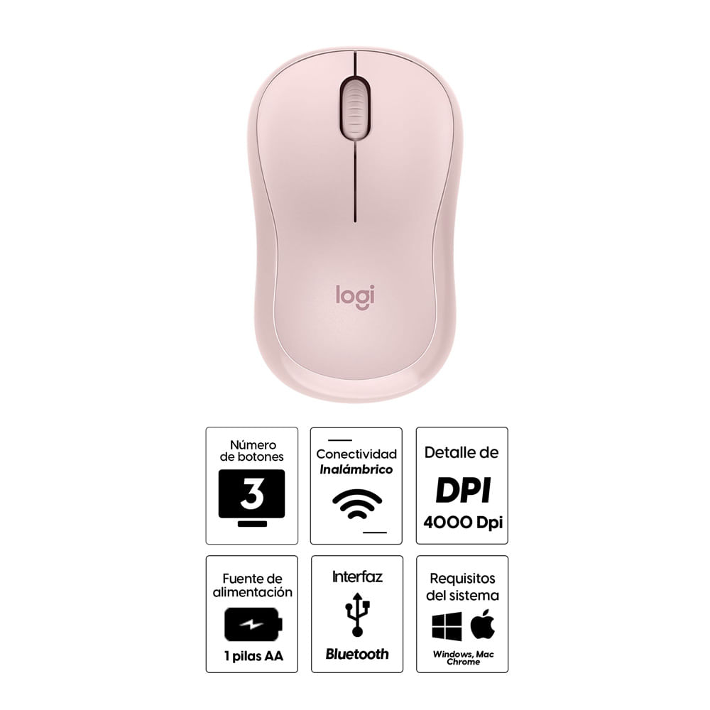 Imagen 2 del producto Reacondicionado: Mouse inalámbrico Logitech M240 silencioso, bluetooth, 4000 dpi, 3 botones, rosado