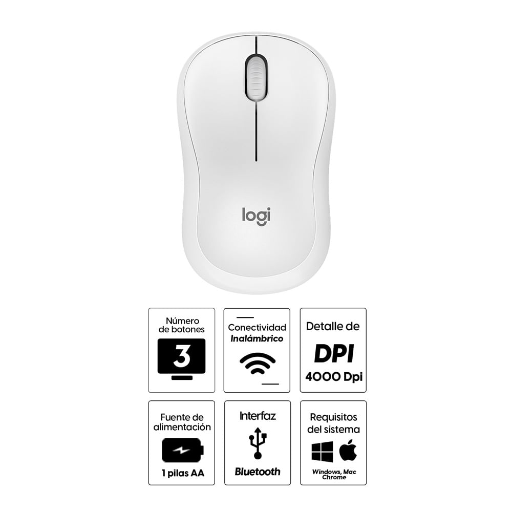 Imagen 2 del producto Mouse inalámbrico Logitech M240 silencioso, receptor USB, 4000 dpi, 3 botones, blanco