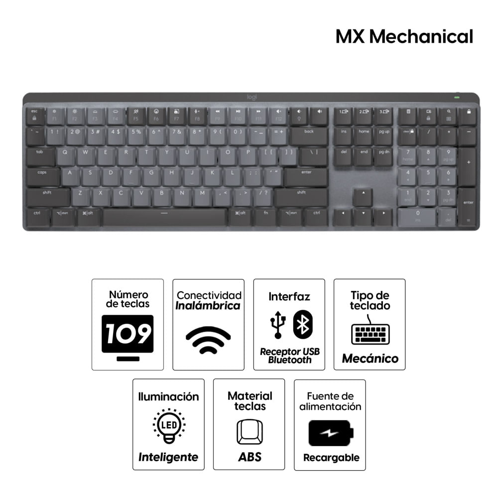 Imagen 2 del producto Teclado Logitech MX Mechanical, inalámbrico, bluetooth/receptor usb, grafito