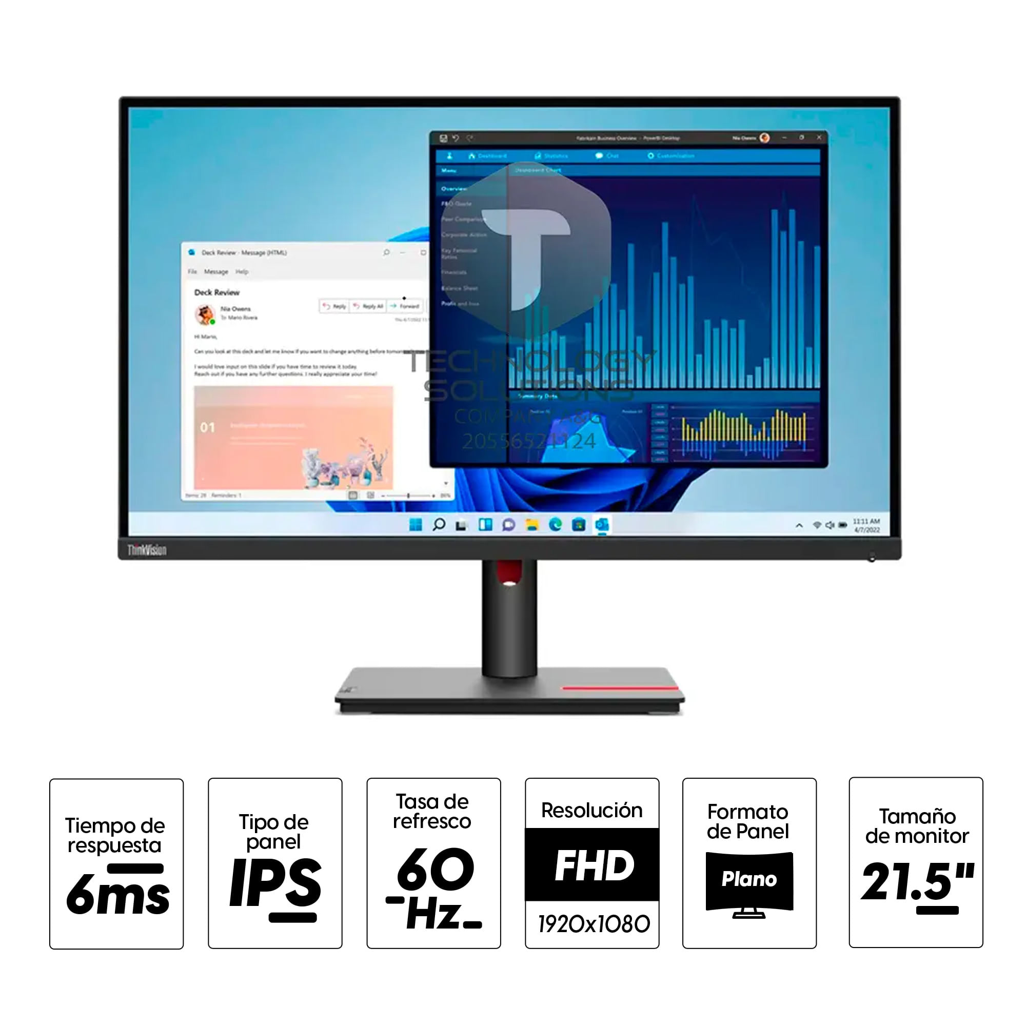 Imagen 2 del producto Monitor plano 21.5"" Lenovo ThinkVision T22i-30 Panel IPS, FHD (1920x1080), 6 ms, 60 Hz, entradas HDMI/DisplayPort/VGA